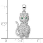 Sterling Silver Rhodium-plated Polished Green & White CZ Cat Pendant - Image 3