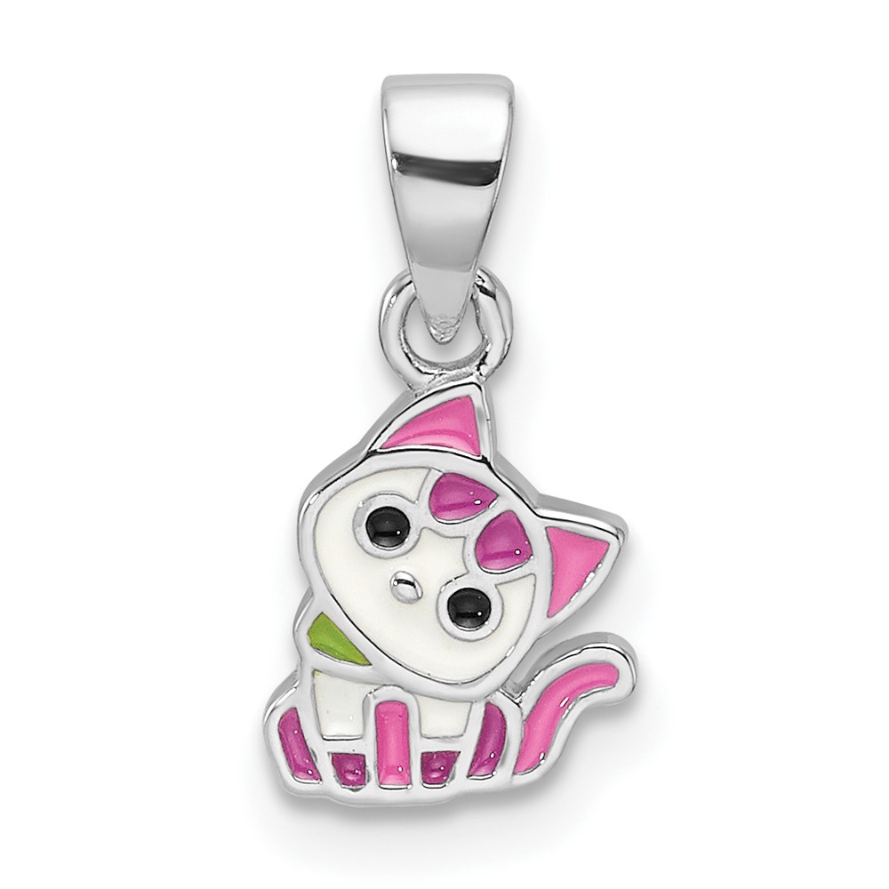 QP5854.jpg Sterling Silver Rhod-plated Multi-color Enameled Cat Children's Pendant - Image 1