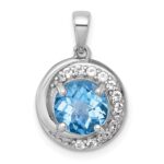 Sterling Silver Rhodium-plated Polished Checker-cut Round Light Swiss Blue Topaz and White Topaz Circle Pendant