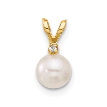 14k 5-6mm White Round Akoya Saltwater Cultured Pearl and .01 Carat Diamond Pendant
