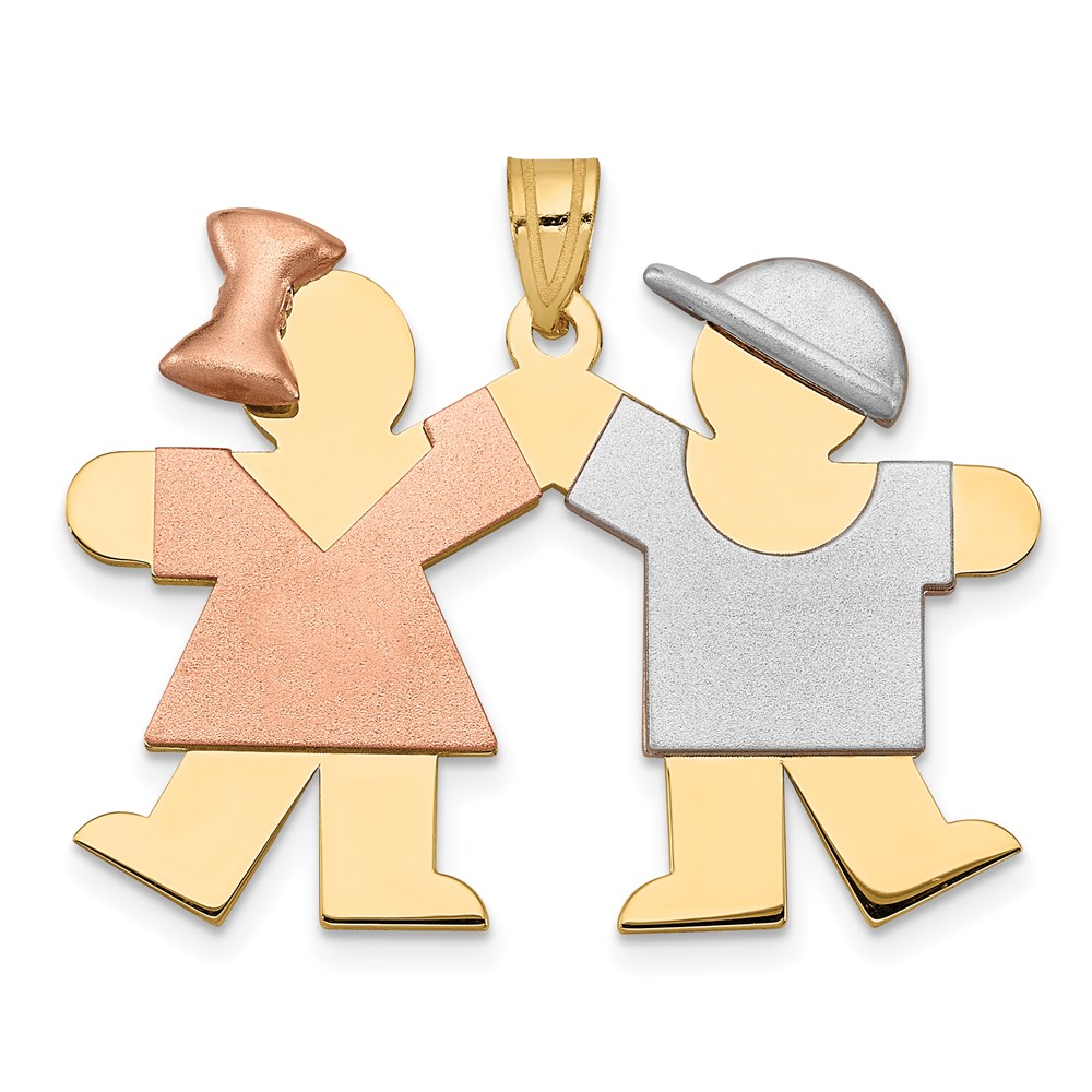 XK420.jpg 14k Tri-color The Kids Medium Girl on Left and Boy on Right Engravable Kiss Charm - Image 1