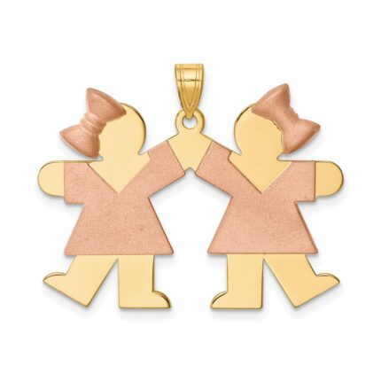 14k Two-tone The Kids Medium Double Girls Engravable Kiss Charm