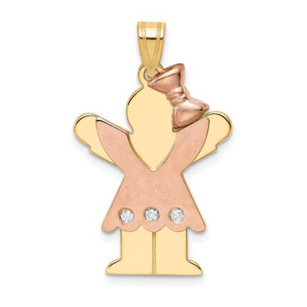 14k Two-tone The Kids Medium Girl with Ruffles and Bow on Right AA Diamond Love Pendant