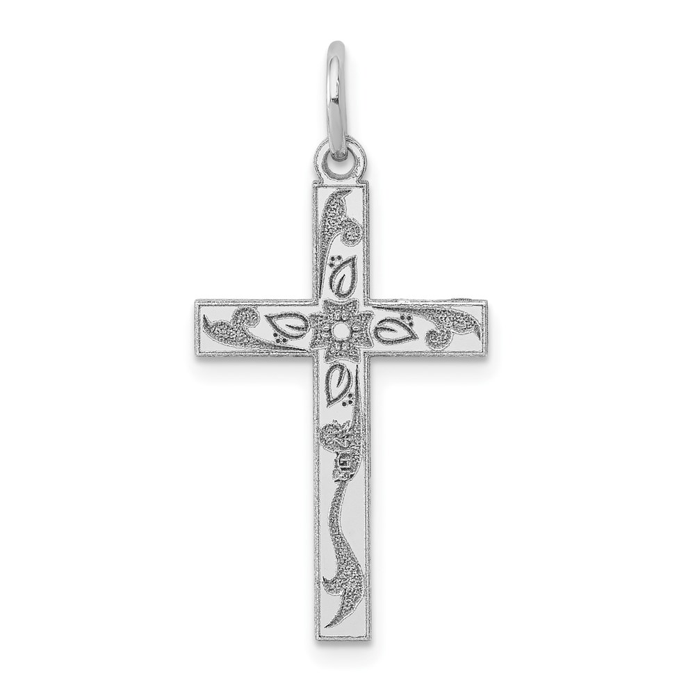 XR1202.jpg 14K White Gold Laser Designed Floral Cross Charm - Image 1