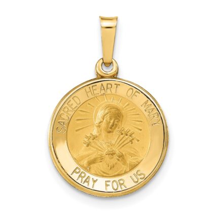 14k Polished and Satin Hollow Sacred Heart of Mary Medal Round Pendant