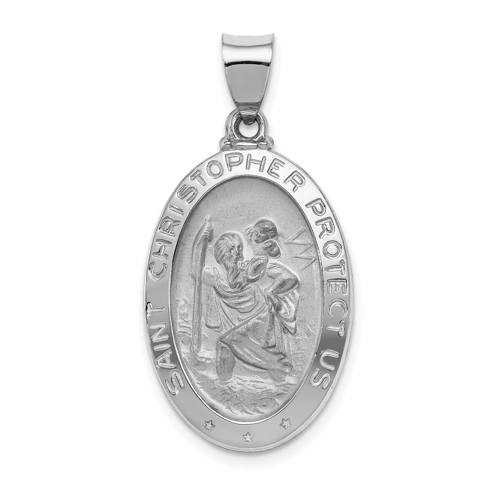 XR1309.jpg 14k White Gold Polished and Satin Hollow St Christopher Medal Oval Pendant - Image 1