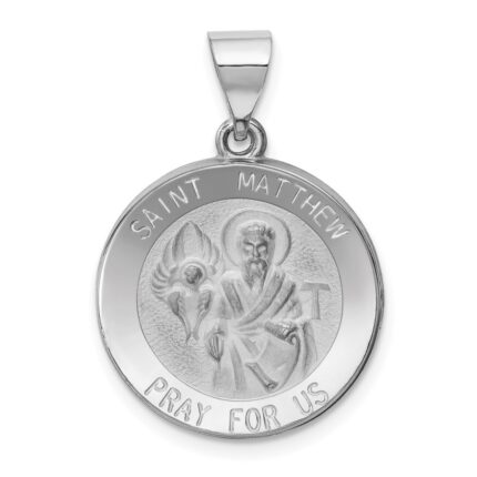 14k White Gold Polished and Satin Hollow St Matthew Medal Round Pendant
