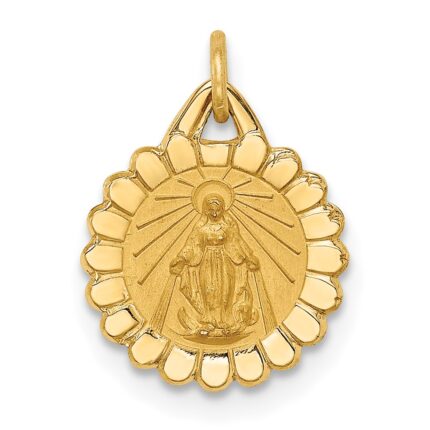 14k Polished and Satin Solid Tiny Round Scalloped Miraculous Medal Charm