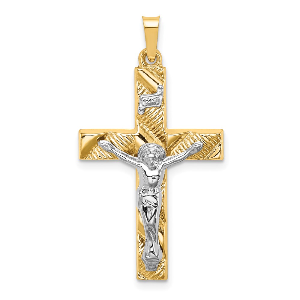 XR1850.jpg 14k Two-tone Hollow Polished Textured Latin Crucifix Pendant - Image 1