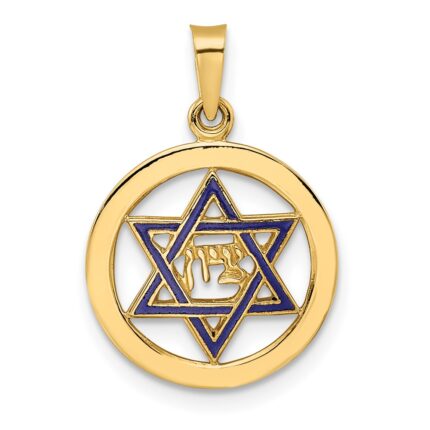 14k Polished Blue Enameled Solid Star of David in Circle Pendant