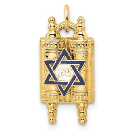 14k Polished Solid Torah with Blue and White Enameled Star of David Pendant