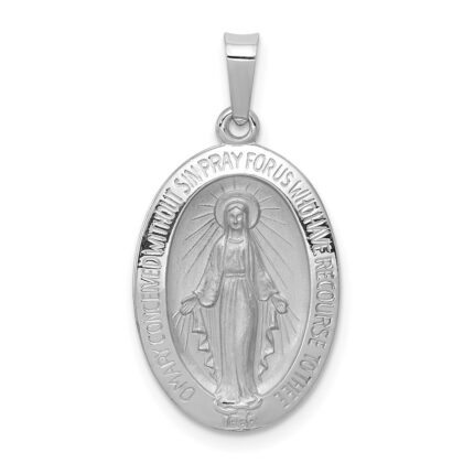 14k White Gold Polished and Satin Solid Miraculous Medal Oval Pendant