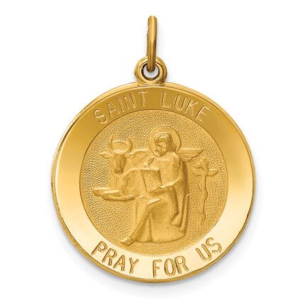 14k Polished and Satin Solid St Luke Medal Round Pendant