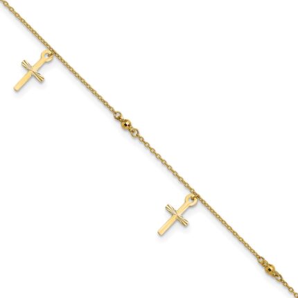10k Polished Cross Dangle and Beads Plus Extender - Total Anklet