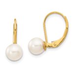 14k 6-7mm White Round Akoya Saltwater Cultured Pearl Leverback Earrings