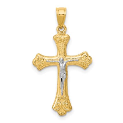 10K w/Rhodium Fleur De Lis Crucifix Pendant