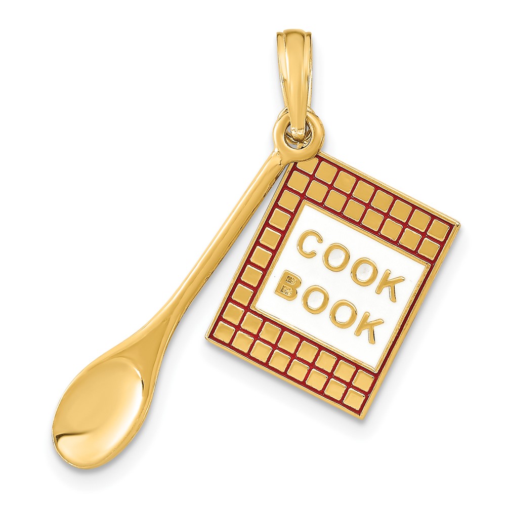 10K7027.jpg 10K W/Enamel 3-D Cook Book and Spoon Charm - Image 1