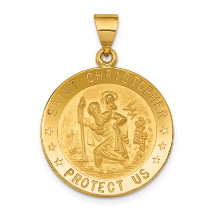 18k Polished and Satin Solid Saint Christopher Medal Round Pendant