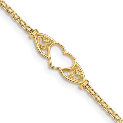 14k Polished Open Heart with Filigree and Bismark Chain Anklet