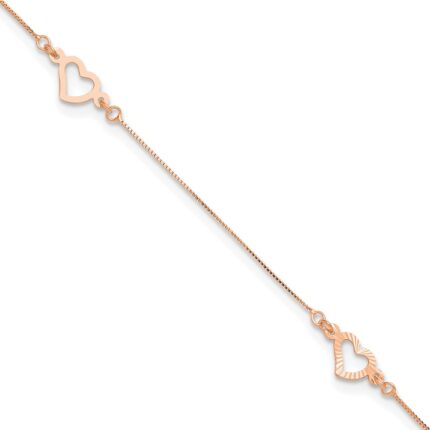 14K Rose Gold Fancy Open Hearts 3-Station Plus Extender - Total Anklet