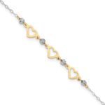 14K Two-tone Three Hearts and Diamond-cut Beads Plus Extender - Total Anklet