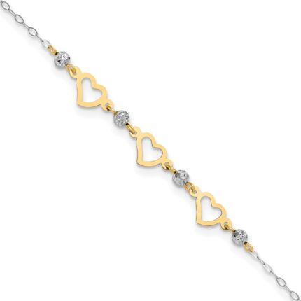 14K Two-tone Three Hearts and Diamond-cut Beads Plus Extender - Total Anklet