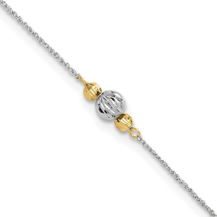 14K Two-tone Chain and Diamond-cut Beads Plus Extender - Total Anklet