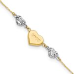 14K Two-tone Puffed LOVE Heart and Diamond-cut Beads Bracelet Plus Heart Dangle Extender