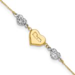 14K Two-tone Puffed MOM Heart and Diamond-cut Beads Bracelet Plus Heart Dangle Extender