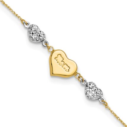 14K Two-tone Puffed MOM Heart and Diamond-cut Beads Bracelet Plus Heart Dangle Extender