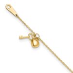 14k Cable Chain with Puffed Heart and Key Dangle Plus Extender - Total Anklet
