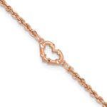 14k Rose Gold Diamond-cut Open Heart and Rope Chain Anklet