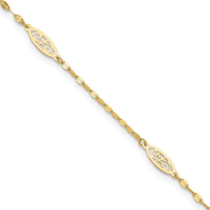 14K Fancy Filigree Link 5-Station Plus Extender - Total Anklet