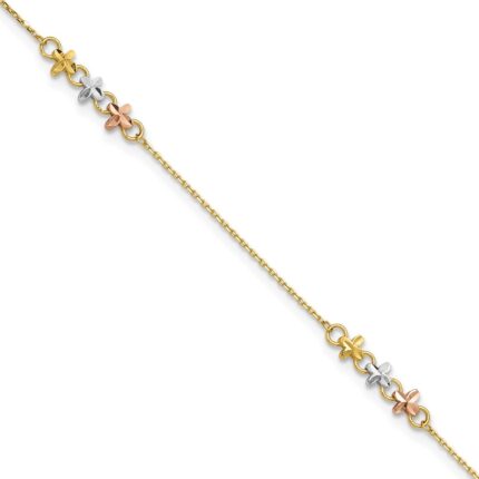 14K Two-tone with White Rhodium 3-Station Flowers Plus Extender - Total Anklet