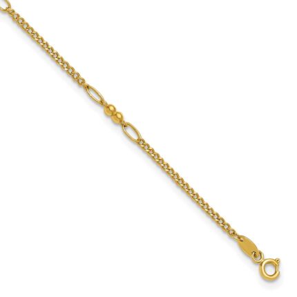 14K Polished and Diamond-cut 5-Station Beaded Mixed Link Anklet
