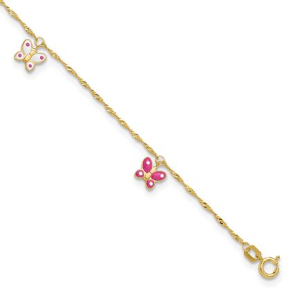 14k Pink and White Enameled Butterfly Dangles Plus Extender - Total Anklet