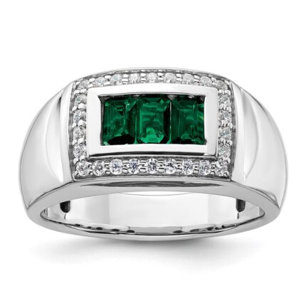IBGoodman 14k White Gold 1/3 carat Lab Grown Diamond VS/SI+ G+ and Created Emerald Complete Men's Ring