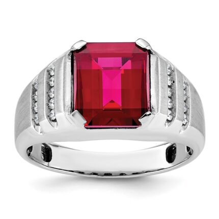 14k White Gold IBGoodman Men's Created Ruby and 1/5 carat Diamond Complete Ring