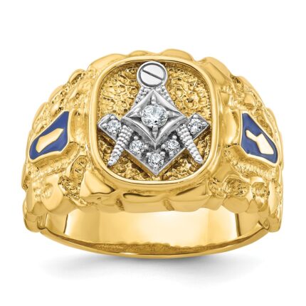 IBGoodman 10k Two-tone Men's Polished and Nugget Textured Diamond Blue Lodge Master Masonic Ring