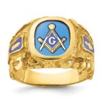 IBGoodman 14k Men's Polished and Nugget Textured with Blue Enamel and Lab Created Sapphire Blue Lodge Master Masonic Ring