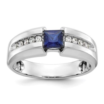 IBGoodman 14k White Gold Men's Polished Lab Created Sapphire and 1/5 Carat AA Quality Diamond Ring