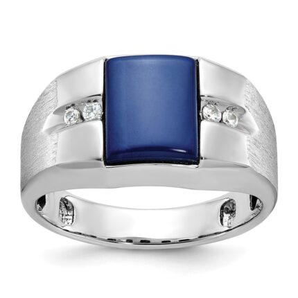 14k White Gold IBGoodman Men's Created Blue Star Sapphire and 1/15 carat Diamond Satin Complete Ring