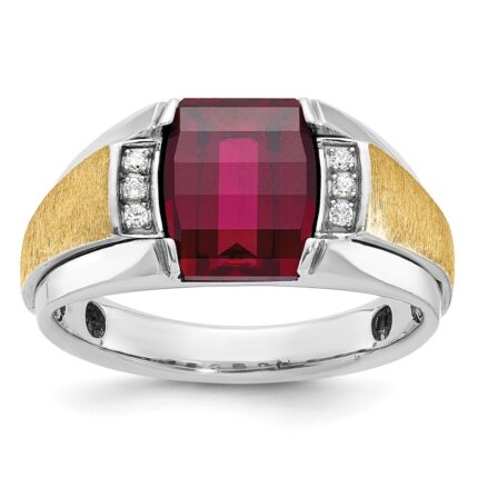 14k Two-tone IBGoodman Men's Satin Created Ruby and 1/20 carat Diamond Complete Ring