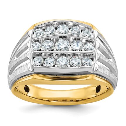 IBGoodman 14k Two-tone Men's Polished Satin and Grooved 3-Row 1 Carat AA Quality Diamond Ring
