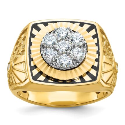 IBGoodman 14k Two-tone with Black Enamel Men's Polished Textured and Diamond-cut 1 Carat AA Quality Diamond Stars and Stripes Round Cluster Ring