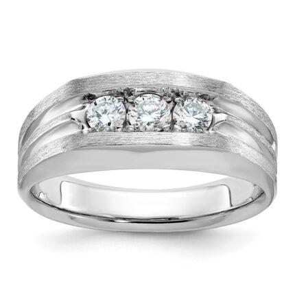 IBGoodman 14k White Gold Men's Polished Satin and Grooved 3-Stone 1/2 Carat AA Quality Diamond Ring