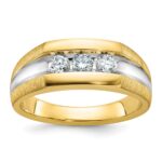 IBGoodman 14k with White Rhodium Men's Polished Satin and Grooved 3-Stone 1/2 Carat AA Quality Diamond Ring