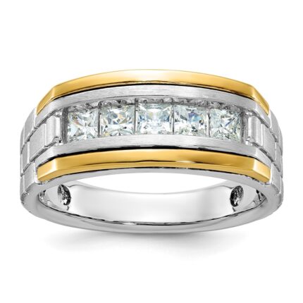 IBGoodman 14k Two-tone 1 carat Lab Grown Diamond VS/SI+ G+ Five Stone Complete Polished Satin and Grooved Men's Ring