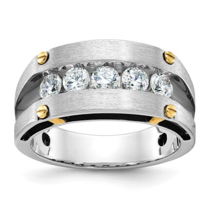 IBGoodman 14k Two-tone with Black Rhodium 1 carat Lab Grown Diamond VS/SI+ G+ Five Stone Complete Polished Satin and Grooved Men's Ring