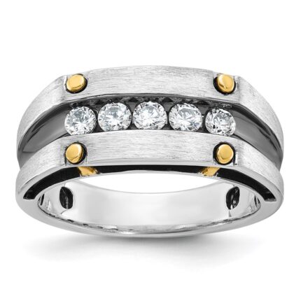 IBGoodman 14k Two-tone with Black Rhodium 1/2 carat Lab Grown Diamond VS/SI+ G+ Five Stone Complete Polished Satin and Grooved Men's Ring